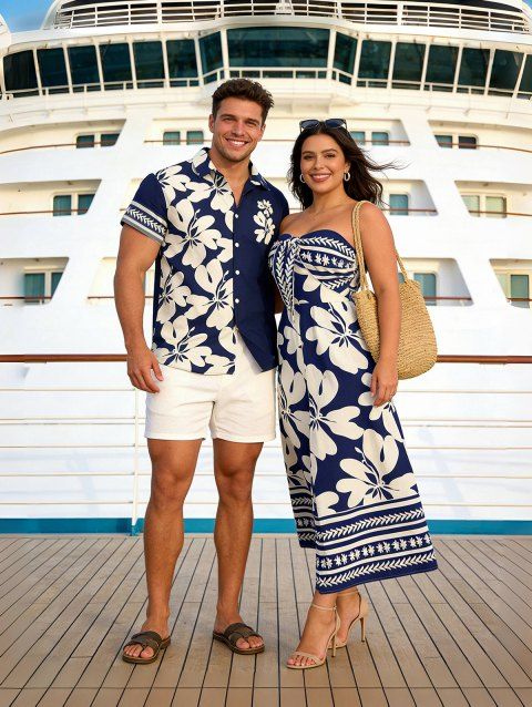 Hawaii Couple Outfit Tribal Hibiscus Floral Print Bowknot Off the Shoulder Jumpsuit and Shirt Set