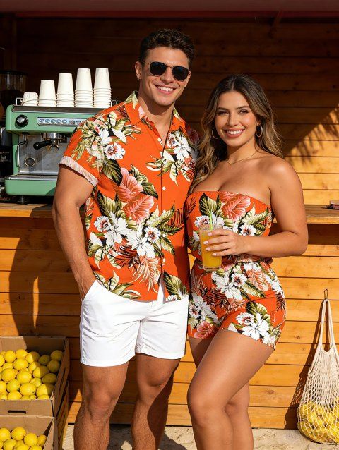 Beach Vacation Couple Outfit Tropical Floral Palm Leaf Print Pocket Off the Shoulder Romper and Shirt Set