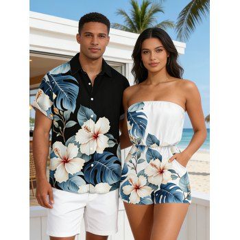 Vacation Couple Outfit Watercolor Hibiscus Floral Leaf Print Pocket Off the Shoulder Romper and Shirt Set