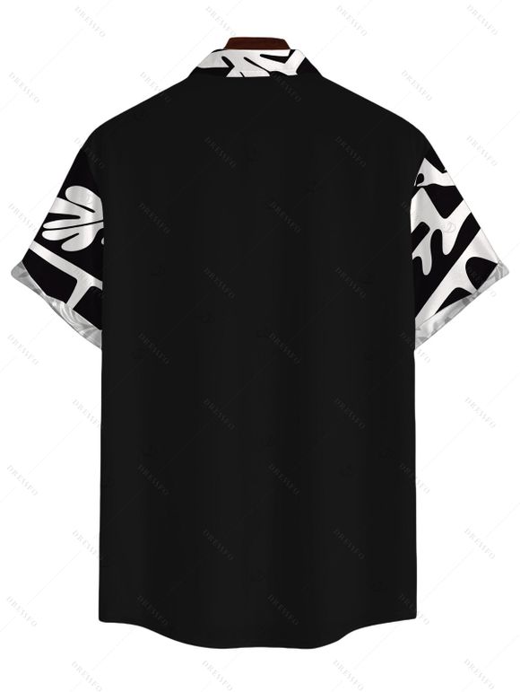 Chemise de vacances vintage pour homme, chemise boutonnée à imprimé géométrique monochrome de feuilles - Noir M