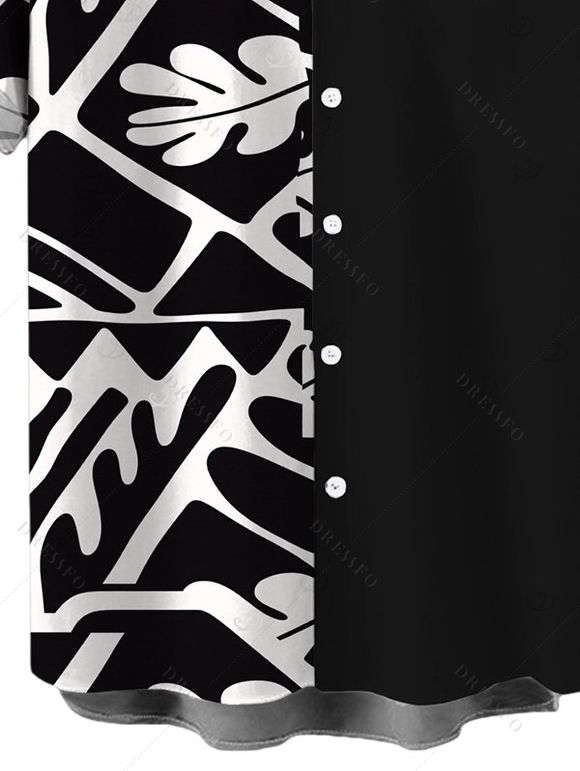 Chemise de vacances vintage pour homme, chemise boutonnée à imprimé géométrique monochrome de feuilles - Noir M