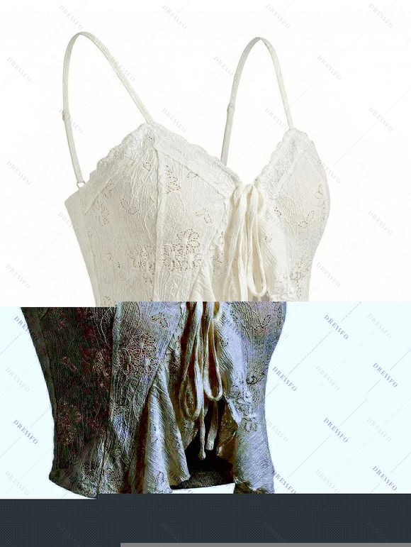 Débardeur court bohème en dentelle florale ajourée, à volants et bretelles spaghetti nouées - Blanc XL | US 12