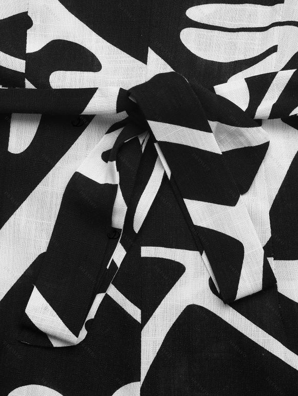 Combinaison de vacances vintage à imprimé géométrique monochrome de feuilles et col en V noué - Noir XL | US 12