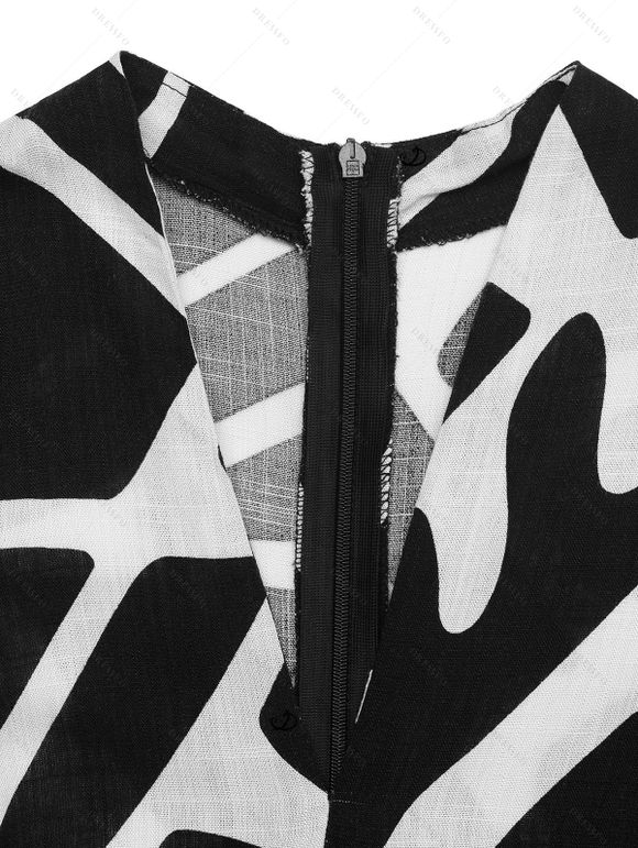 Combinaison de vacances vintage à imprimé géométrique monochrome de feuilles et col en V noué - Noir XL | US 12