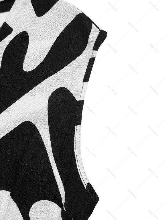 Combinaison de vacances vintage à imprimé géométrique monochrome de feuilles et col en V noué - Noir XL | US 12