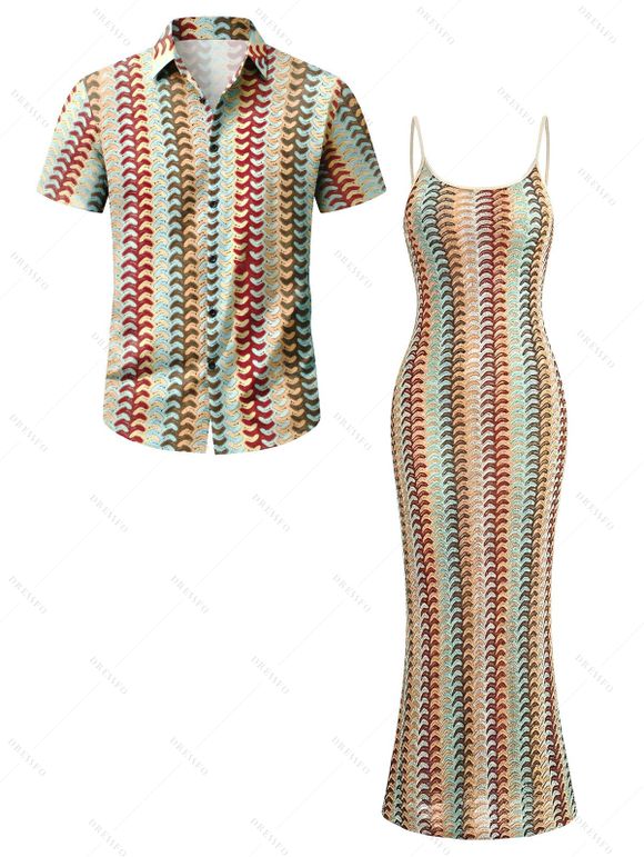 Bohemian Vacation Couple Outfit Colorblock Arrow Ethnic Print Bodycon Knitted Dress and Shirt Set - multicolor S | US 4