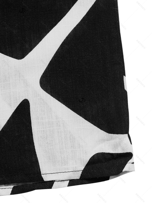 Combinaison de vacances vintage à imprimé géométrique monochrome de feuilles et col en V noué - Noir XL | US 12