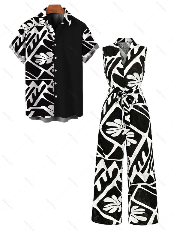 Vintage Vacation Couple Outfit Monochrome Geometric Leaf Print Tied Jumpsuit and Shirt Set - Noir S | US 4