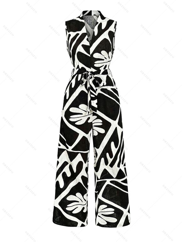 Vintage Vacation Couple Outfit Monochrome Geometric Leaf Print Tied Jumpsuit and Shirt Set - Noir S | US 4