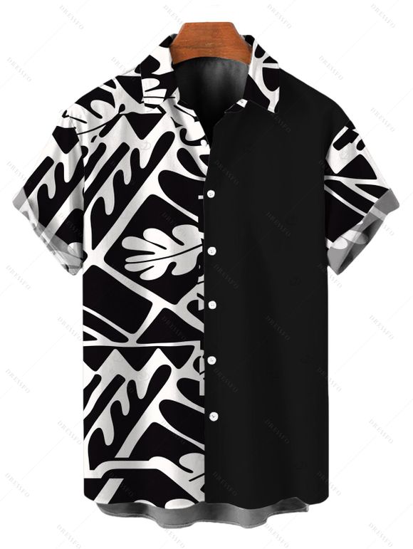 Vintage Vacation Couple Outfit Monochrome Geometric Leaf Print Tied Jumpsuit and Shirt Set - Noir S | US 4
