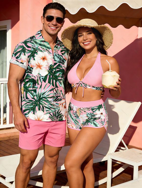 Vacation Couple Outfit Tropical Hibiscus Floral Leaf Print Bowknot Halter Tankini Swimsuit and Shirt Set - Rose S | US 4