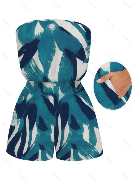 Combinaison de plage à imprimé aquarelle abstrait, poches et épaules dénudées - Turquoise Foncée XXL | US 14
