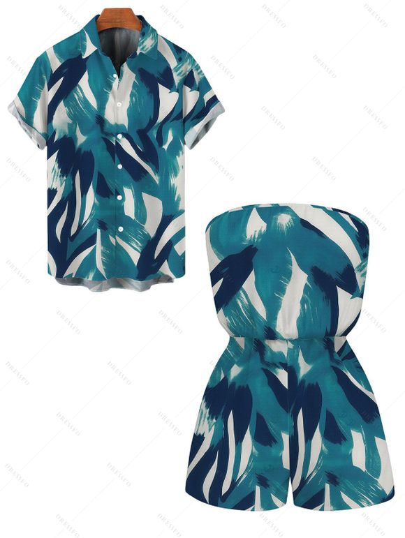 Beach Vacation Couple Outfit Watercolor Abstract Brush Stroke Print Pocket Off the Shoulder Romper and Shirt Set - Turquoise Foncée S | US 4