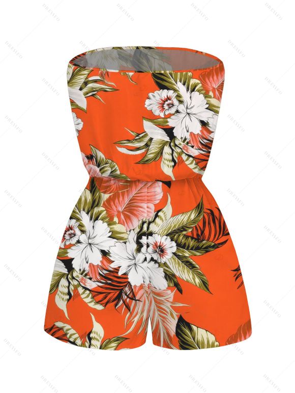 Combinaison de plage à imprimé floral tropical et feuilles de palmier, avec poche et épaules dénudées - Orange XL | US 12