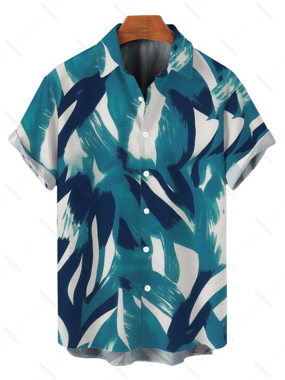 Beach Vacation Couple Outfit Watercolor Abstract Brush Stroke Print Pocket Off the Shoulder Romper and Shirt Set - Turquoise Foncée S | US 4