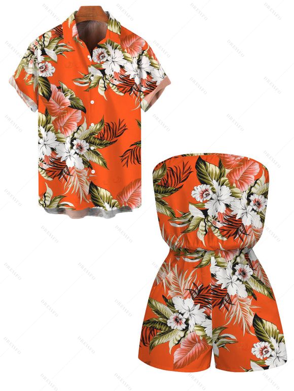Beach Vacation Couple Outfit Tropical Floral Palm Leaf Print Pocket Off the Shoulder Romper and Shirt Set - Orange S | US 4