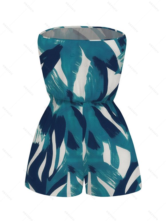 Beach Vacation Couple Outfit Watercolor Abstract Brush Stroke Print Pocket Off the Shoulder Romper and Shirt Set - Turquoise Foncée S | US 4