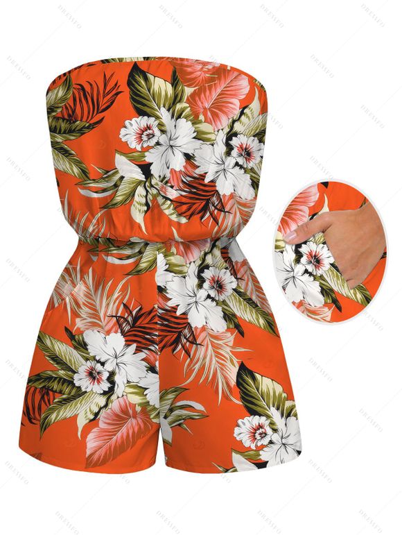 Beach Vacation Couple Outfit Tropical Floral Palm Leaf Print Pocket Off the Shoulder Romper and Shirt Set - Orange S | US 4