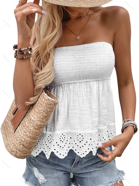 Haut élégant de vacances, couleur unie, smocké, ajouré, épaules dénudées festonnées - Blanc S | US 4