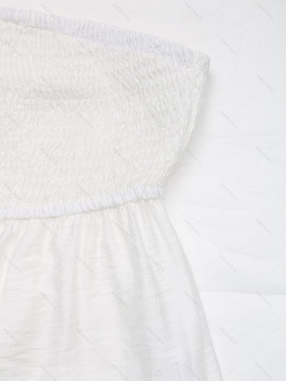 Haut élégant de vacances, couleur unie, smocké, ajouré, épaules dénudées festonnées - Blanc S | US 4