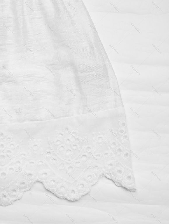 Haut élégant de vacances, couleur unie, smocké, ajouré, épaules dénudées festonnées - Blanc S | US 4