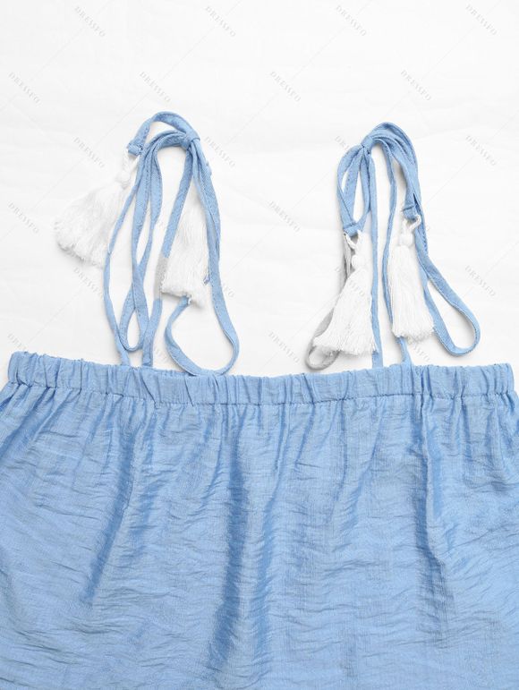 Ensemble deux pièces pour vacances à la plage : haut court à bretelles nouées et pompons, couleur unie, et pantalon large. - Bleu clair M | US 6