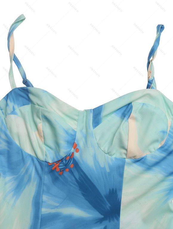 Robe de plage maxi à bretelles spaghetti, imprimé floral aquarelle tie-dye - Bleu Toile de Jean XL | US 10