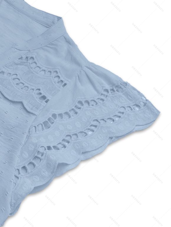 Chemisier décontracté pour les trajets quotidiens, uni, à manches papillon et col montant, orné de découpes. - Bleu clair XL | US 10