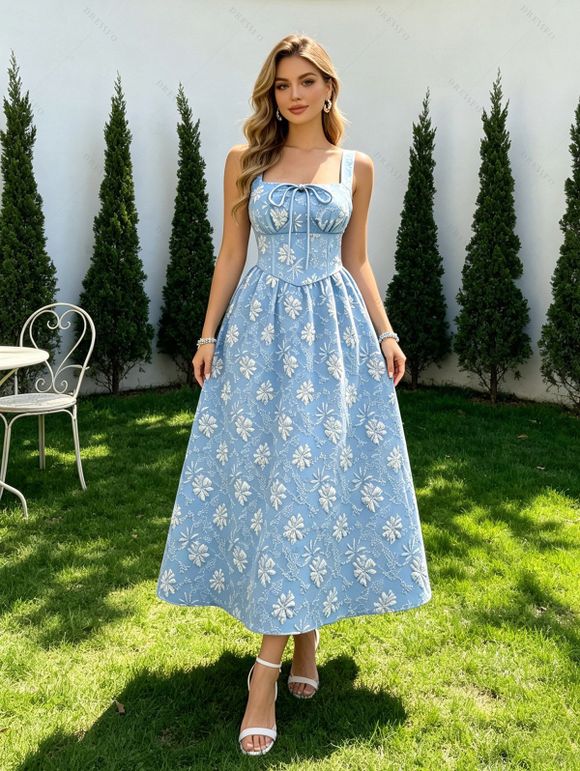 Robe de soirée à encolure carrée, ornée d'appliqués floraux 3D et d'un nœud papillon. - Bleu clair L | US 8