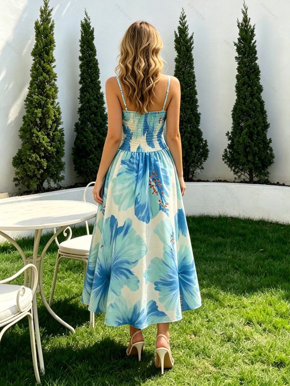 Hawaiian Vacation Dresses Set Tie Dye Watercolor Floral Print Dress and Solid Color Ruffle Smocked Off the Shoulder Tired Dress Set - Bleu clair S | US 4