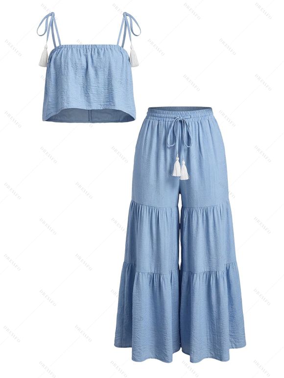 Hawaii Vacation Couple Outfit Tassel Tied Shoulder Cropped Top Tired Pants and Tropical Botanical Leaf Print Shirt Set - Bleu clair S | US 4