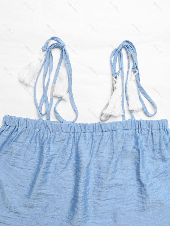 Hawaii Vacation Couple Outfit Tassel Tied Shoulder Cropped Top Tired Pants and Tropical Botanical Leaf Print Shirt Set - Bleu clair S | US 4