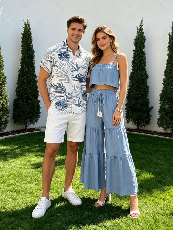 Hawaii Vacation Couple Outfit Tassel Tied Shoulder Cropped Top Tired Pants and Tropical Botanical Leaf Print Shirt Set - Bleu clair S | US 4