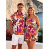 Hawaiian Vacation Couple Outfit Colorful Watercolor Floral Print Pocket Off the Shoulder Romper and Shirt Set - ORANGE S | US 4