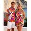 Hawaiian Vacation Couple Outfit Colorful Watercolor Floral Print Pocket Off the Shoulder Romper and Shirt Set - ORANGE S | US 4