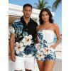 Vacation Couple Outfit Watercolor Hibiscus Floral Leaf Print Pocket Off the Shoulder Romper and Shirt Set