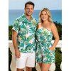 Hawaiian Vacation Couple Outfit Watercolor Monstera Palm Leaf Print Pocket Off the Shoulder Romper and Shirt Set - LIGHT GREEN S | US 4