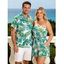 Hawaiian Vacation Couple Outfit Watercolor Monstera Palm Leaf Print Pocket Off the Shoulder Romper and Shirt Set - LIGHT GREEN S | US 4