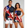Vintage Independence Day Couple Outfit American Flag Elements Print Pocket Off the Shoulder Romper and Shirt Patriotic Set - BLACK S | US 4