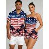 Patriotic Couple Outfit Retro Watercolor American Flag Palm Tree Print Pocket Off the Shoulder Romper and Shirt Independence Day Set - multicolor A S | US 4