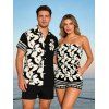 Hawaiian Couple Outfit Tribal Plumeria Floral Print Pocket Off the Shoulder Romper and Shirt Vacation Set