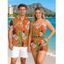 Hawaii Vacation Couple Outfit Colorblock Tropical Palm Leaf Print Pocket Off the Shoulder Romper and Shirt Set - ORANGE S | US 4