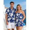 Hawaii Vacation Couple Outfit Sketch Hibiscus Floral Monstera Leaf Print Pocket Off the Shoulder Romper and Shirt Set - BLUE S | US 4