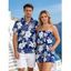 Hawaii Vacation Couple Outfit Sketch Hibiscus Floral Monstera Leaf Print Pocket Off the Shoulder Romper and Shirt Set - BLUE S | US 4
