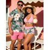 Vacation Couple Outfit Tropical Hibiscus Floral Leaf Print Bowknot Halter Tankini Swimsuit and Shirt Set - Rose S | US 4
