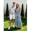 Hawaii Vacation Couple Outfit Tassel Tied Shoulder Cropped Top Tired Pants and Tropical Botanical Leaf Print Shirt Set - Bleu clair S | US 4