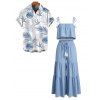 Hawaii Vacation Couple Outfit Tassel Tied Shoulder Cropped Top Tired Pants and Tropical Botanical Leaf Print Shirt Set - Bleu clair S | US 4