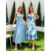 Hawaiian Vacation Dresses Set Tie Dye Watercolor Floral Print Dress and Solid Color Ruffle Smocked Off the Shoulder Tired Dress Set - LIGHT BLUE S | US 4