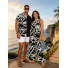 Vintage Vacation Couple Outfit Monochrome Geometric Leaf Print Tied Jumpsuit and Shirt Set - Noir S | US 4