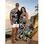 Vintage Vacation Couple Outfit Monochrome Geometric Leaf Print Tied Jumpsuit and Shirt Set - Noir S | US 4